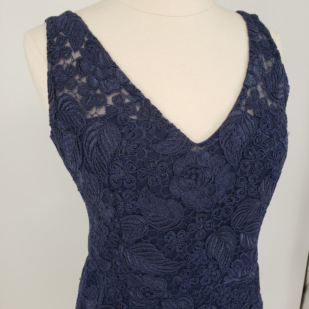 ML Monique Lhuillier Follow Suit Sheath Dress 12 Floral Leaf Lace Cocktail Navy - Picture 8 of 14